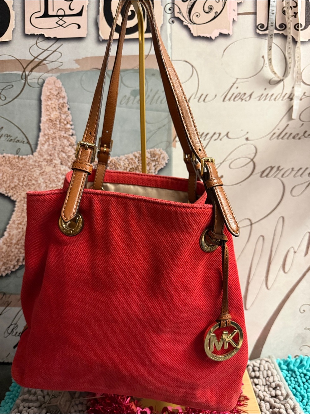 Michael Kors Red Canvas Shoulder Bag with Tan Leather Straps